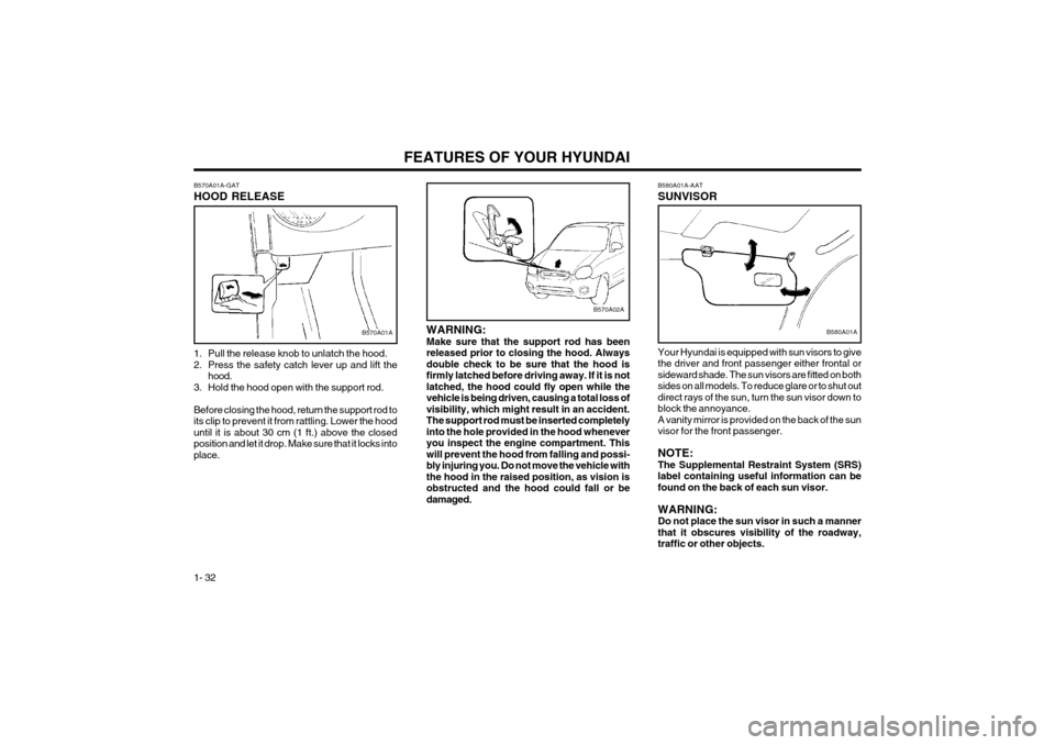 Hyundai Atos 2003  Owners Manual FEATURES OF YOUR HYUNDAI
1- 32 B580A01A-AAT SUNVISOR Your Hyundai is equipped with sun visors to give the driver and front passenger either frontal orsideward shade. The sun visors are fitted on boths