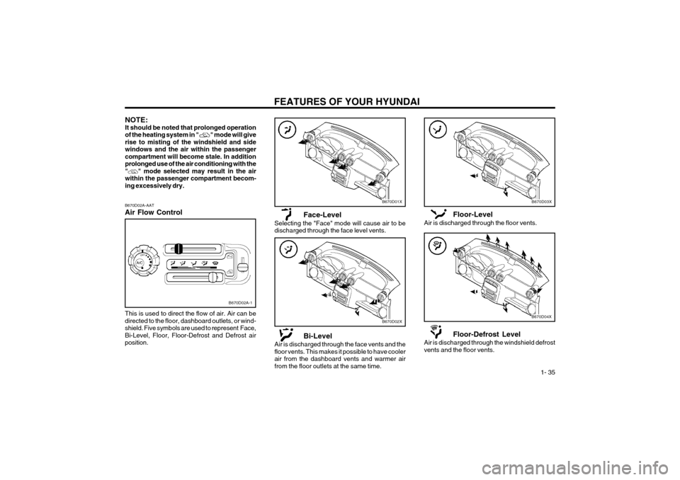 Hyundai Atos 2003  Owners Manual FEATURES OF YOUR HYUNDAI  1- 35
B670D02A-AAT Air Flow Control
NOTE: It should be noted that prolonged operationof the heating system in "
" mode will give
rise to misting of the windshield and side wi