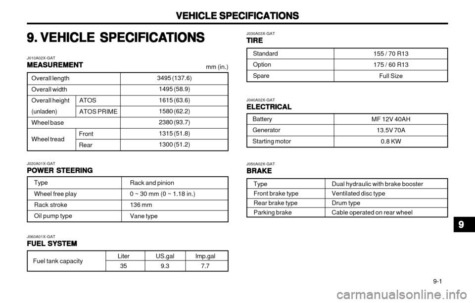 Hyundai Atos 2002  Owners Manual VEHICLE SPECIFICATIONS
VEHICLE SPECIFICATIONS VEHICLE SPECIFICATIONS
VEHICLE SPECIFICATIONS
VEHICLE SPECIFICATIONS
  9-1
9.9.
9.9.
9.
VEHICLE SPECIFICA
VEHICLE SPECIFICA VEHICLE SPECIFICA
VEHICLE SPEC