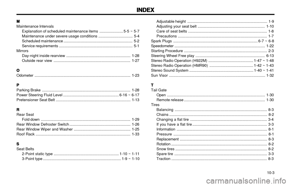 Hyundai Atos 2002 Owners Manual INDEX
INDEX INDEX
INDEX
INDEX
10-3
Adjustable height ........................................................................... 1-9
Adjusting your seat belt ......................................... Hyundai Atos 2002 Owners Manual INDEX
INDEX INDEX
INDEX
INDEX
10-3
Adjustable height ........................................................................... 1-9
Adjusting your seat belt .........................................