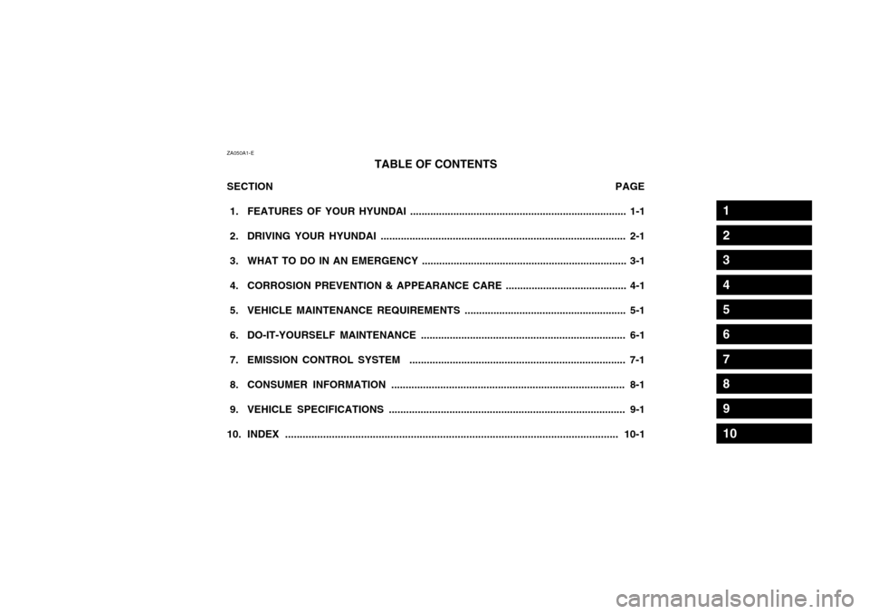Hyundai Atos 2002  Owners Manual ZA050A1-ETABLE OF CONTENTS
SECTION                   PAGE
 1. FEATURES OF YOUR HYUNDAI ........................................................................... 1-1 
 2. DRIVING YOUR HYUNDAI .......