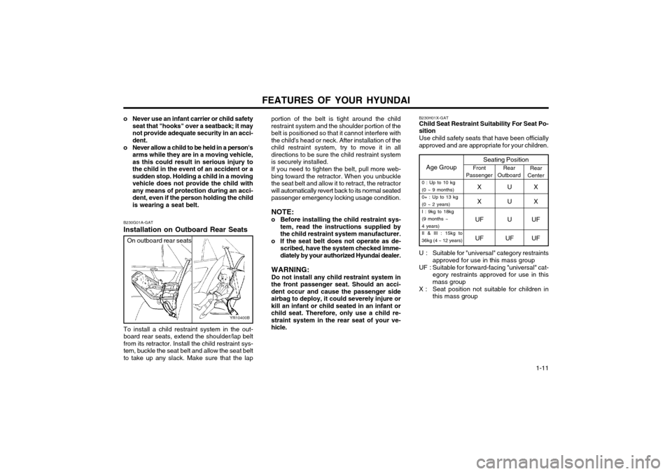 Hyundai Atos 2002  Owners Manual FEATURES OF YOUR HYUNDAI  1-11
B230G01A-GAT Installation on Outboard Rear Seats
YR10400B
To install a child restraint system in the out- board rear seats, extend the shoulder/lap beltfrom its retracto