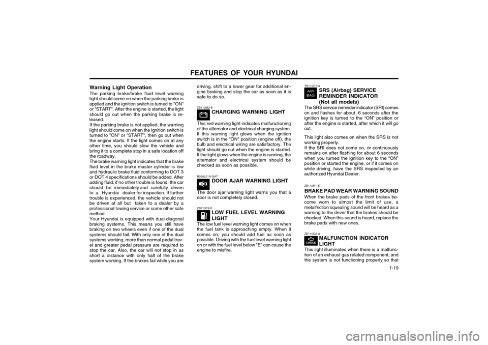 Hyundai Atos 2002  Owners Manual FEATURES OF YOUR HYUNDAI  1-19
YB110C1-A
SRS (Airbag) SERVICE REMINDER INDICATOR(Not all models)
The SRS service reminder indicator (SRI) comes
on and flashes for about  6 seconds after the ignition k