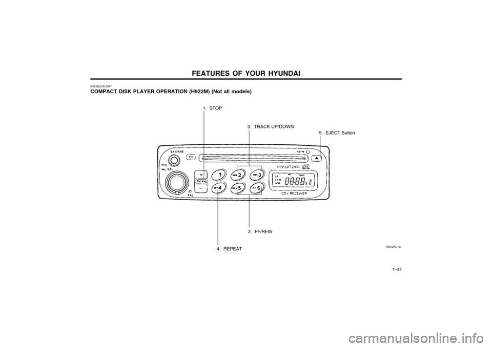 Hyundai Atos 2002  Owners Manual FEATURES OF YOUR HYUNDAI  1-47
B922A01X
B922E02X-GAT COMPACT DISK PLAYER OPERATION (H922M) (Not all models)
4. REPEAT
3. TRACK UP/DOWN
5. EJECT Button
2. FF/REW
1. STOP  
