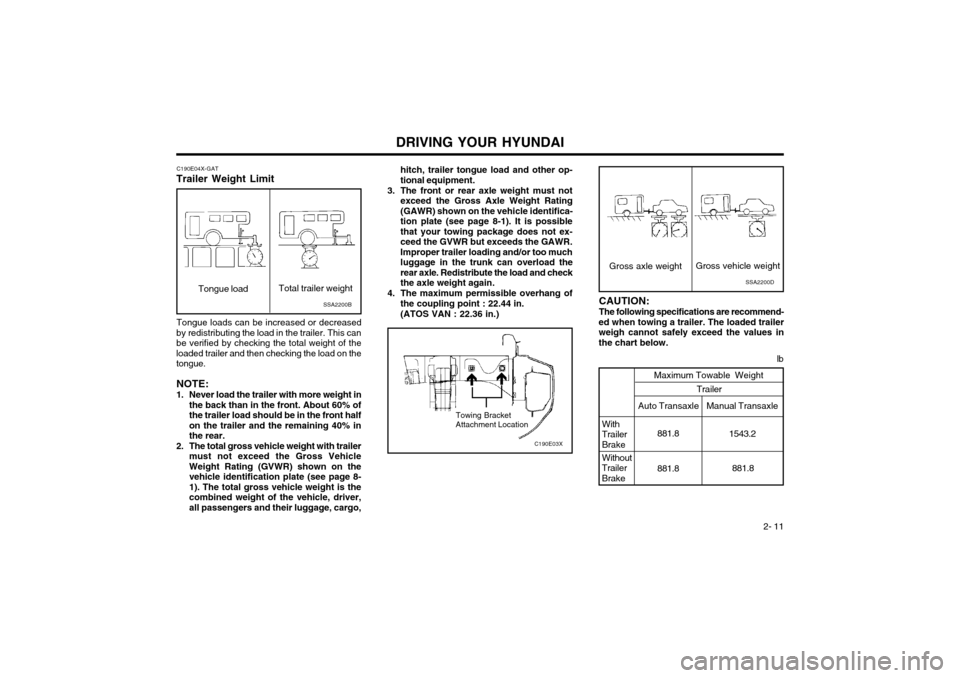 Hyundai Atos 2002  Owners Manual DRIVING YOUR HYUNDAI 2- 11
hitch, trailer tongue load and other op- tional equipment.
3. The front or rear axle weight must not exceed the Gross Axle Weight Rating(GAWR) shown on the vehicle identific