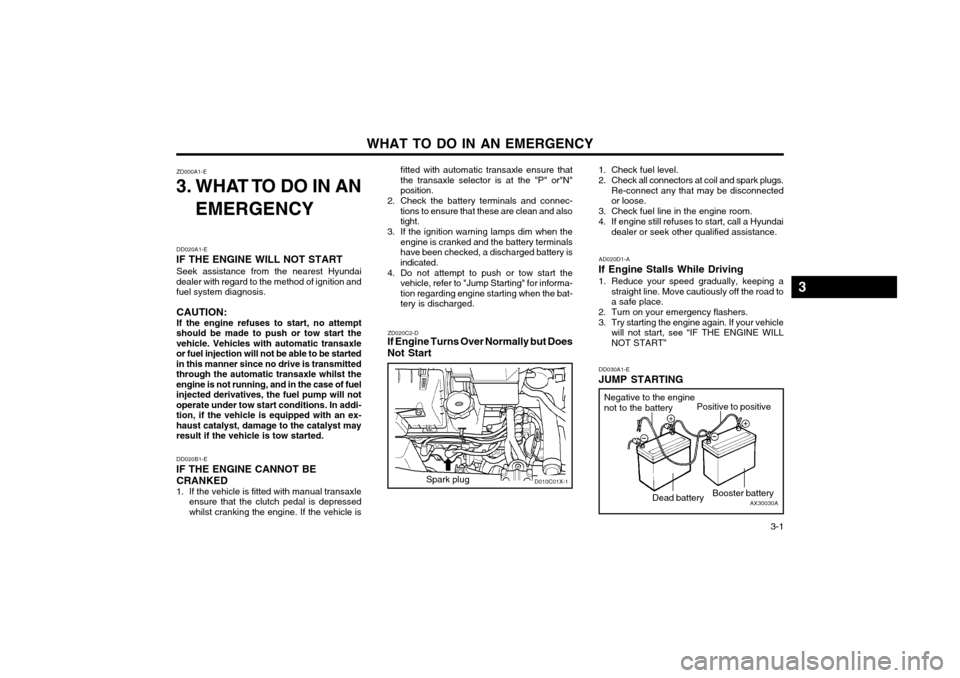 Hyundai Atos 2002  Owners Manual   3-1
WHAT TO DO IN AN EMERGENCY
fitted with automatic transaxle ensure that the transaxle selector is at the "P" or"N"position.
2. Check the battery terminals and connec- tions to ensure that these a