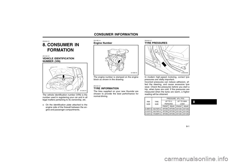 Hyundai Atos 2002 Owners Manual CONSUMER INFORMATION 8-1
ZI010B1-A Engine Number
ZI010A1-E VEHICLE IDENTIFICATIONNUMBER (VIN)
ZI000A1-E
8. CONSUMER IN
FORMATION
I010A01A
The vehicle identification number (VIN) is the number used in Hyundai Atos 2002 Owners Manual CONSUMER INFORMATION 8-1
ZI010B1-A Engine Number
ZI010A1-E VEHICLE IDENTIFICATIONNUMBER (VIN)
ZI000A1-E
8. CONSUMER IN
FORMATION
I010A01A
The vehicle identification number (VIN) is the number used in