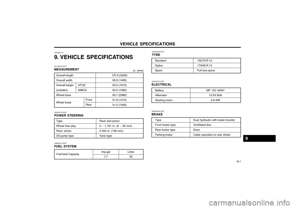 Hyundai Atos 2002 Owners Manual VEHICLE SPECIFICATIONS 9-1
Litres
35 J040A01X-GAT ELECTRICAL
Battery Alternator Starting motor
MF 12V 40AH
13.5V 60A
0.8 KW
J050A02X-GAT BRAKE
Dual hydraulic with brake booster Ventilated disc Drum C Hyundai Atos 2002 Owners Manual VEHICLE SPECIFICATIONS 9-1
Litres
35 J040A01X-GAT ELECTRICAL
Battery Alternator Starting motor
MF 12V 40AH
13.5V 60A
0.8 KW
J050A02X-GAT BRAKE
Dual hydraulic with brake booster Ventilated disc Drum C