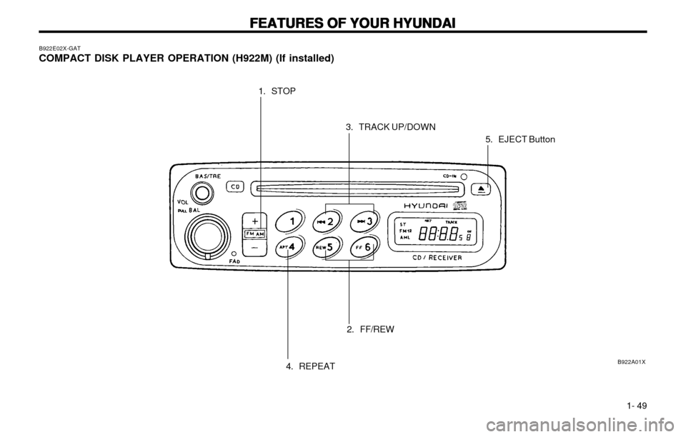Hyundai Atos 2002 Workshop Manual FEATURES OF YOUR HYUNDAI
FEATURES OF YOUR HYUNDAI FEATURES OF YOUR HYUNDAI
FEATURES OF YOUR HYUNDAI
FEATURES OF YOUR HYUNDAI
1- 49
B922A01X
B922E02X-GAT COMPACT DISK PLAYER OPERATION (H922M) (If ins Hyundai Atos 2002 Workshop Manual FEATURES OF YOUR HYUNDAI
FEATURES OF YOUR HYUNDAI FEATURES OF YOUR HYUNDAI
FEATURES OF YOUR HYUNDAI
FEATURES OF YOUR HYUNDAI
1- 49
B922A01X
B922E02X-GAT COMPACT DISK PLAYER OPERATION (H922M) (If ins