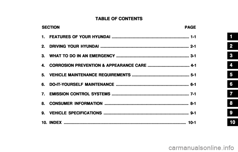 Hyundai Atos 2002  Owners Manual TABLE OF CONTENTS
TABLE OF CONTENTS TABLE OF CONTENTS
TABLE OF CONTENTS
TABLE OF CONTENTS
SECTION                                                                                                       