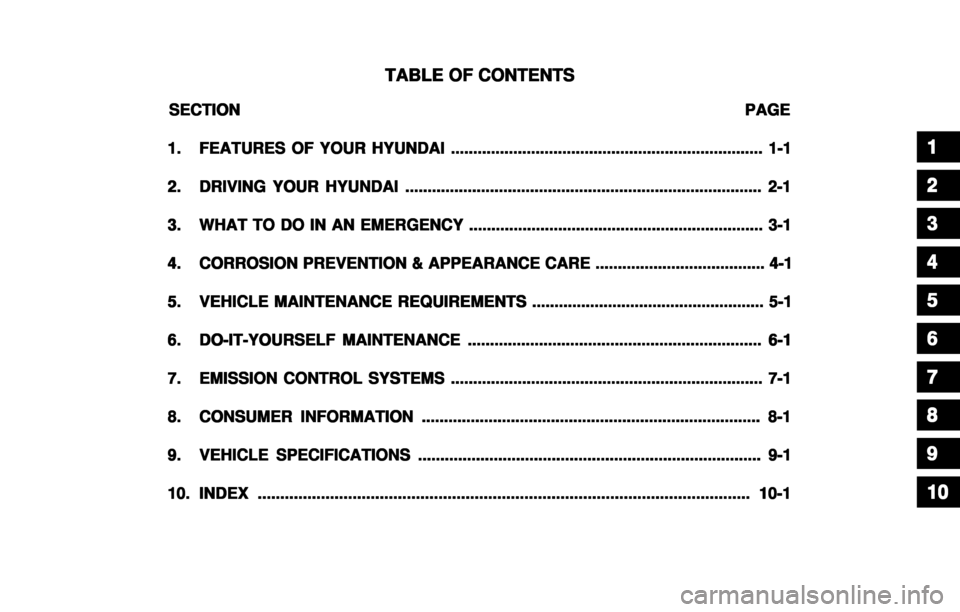 Hyundai Atos 2002 Owners Manual TABLE OF CONTENTS
TABLE OF CONTENTS TABLE OF CONTENTS
TABLE OF CONTENTS
TABLE OF CONTENTS
SECTION Hyundai Atos 2002 Owners Manual TABLE OF CONTENTS
TABLE OF CONTENTS TABLE OF CONTENTS
TABLE OF CONTENTS
TABLE OF CONTENTS
SECTION