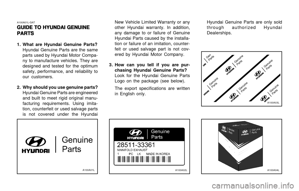 Hyundai Atos 2002  Owners Manual A100A01L-GATGUIDE TO HYUNDAI GENUINE
GUIDE TO HYUNDAI GENUINE GUIDE TO HYUNDAI GENUINE
GUIDE TO HYUNDAI GENUINE
GUIDE TO HYUNDAI GENUINE
PARTS
PARTS PARTS
PARTS
PARTS 
1. What are Hyundai Genuine Part