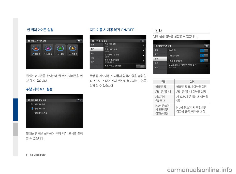 Hyundai Avante 2016  아반테AD 표준4 내비게이션 (in Korean) 4-38 I 내비게이션
 현 위치 아이콘 설정
원하는아이콘을 선택하여 현 위치 아이콘을 변
경할수있습니다.
주행 궤적 표시 설정
원하는 항목을선