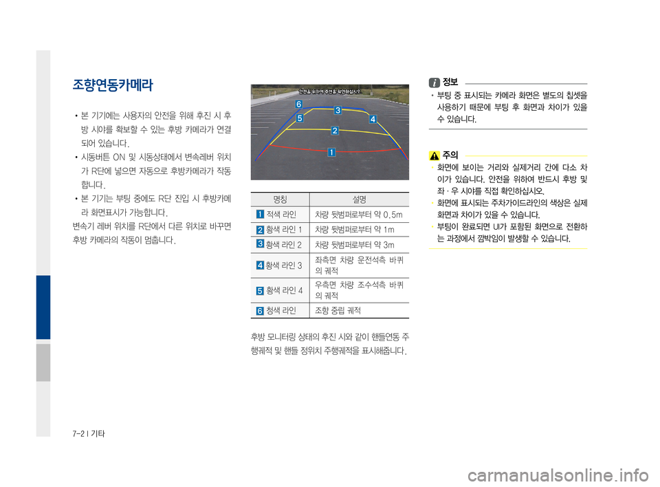 Hyundai Avante 2016  아반테AD 표준4 내비게이션 (in Korean) 7-2 I 기타
조향연동카메라
•본기기에는 사용자의안전을위해후진시후
방시야를 확보할수있는 후방카메라가 연결
되어있습니다.
•시동