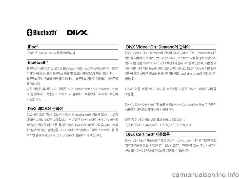 Hyundai Avante 2016  아반테AD 표준4 내비게이션 (in Korean) iPodⓇ
iPodⓇ은AppleInc.의등록상표입니다.
BluetoothⓇ
블루투스Ⓡ워드마크 및로고는 Bluetooth SIG,Inc.의 등록상표이며,현대/
기아가사용하는모든