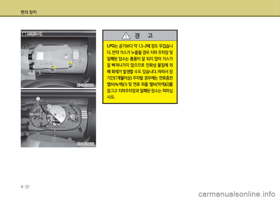 Hyundai Avante 2015  아반떼 MD - 사용 설명서 (in Korean) 편의 장치 4-3속
  0
0?@렁크 내
?@렁크 내
LPG 는 공기)|l  2  소 .자 ~ 속(