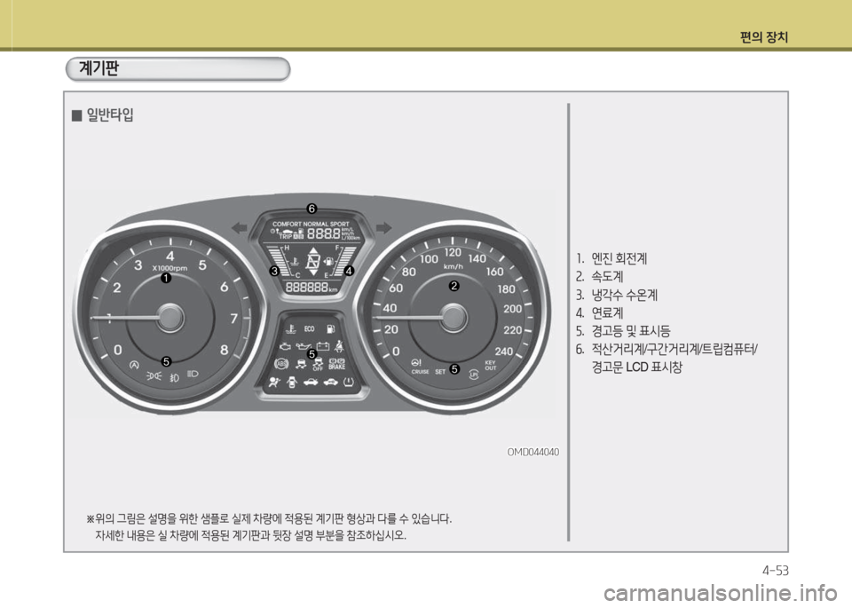 Hyundai Avante 2015  아반떼 MD - 사용 설명서 (in Korean) 편의 장치4-자3
계기판
좌.   엔진  회전계
속 .  . L계
3 .  냉
