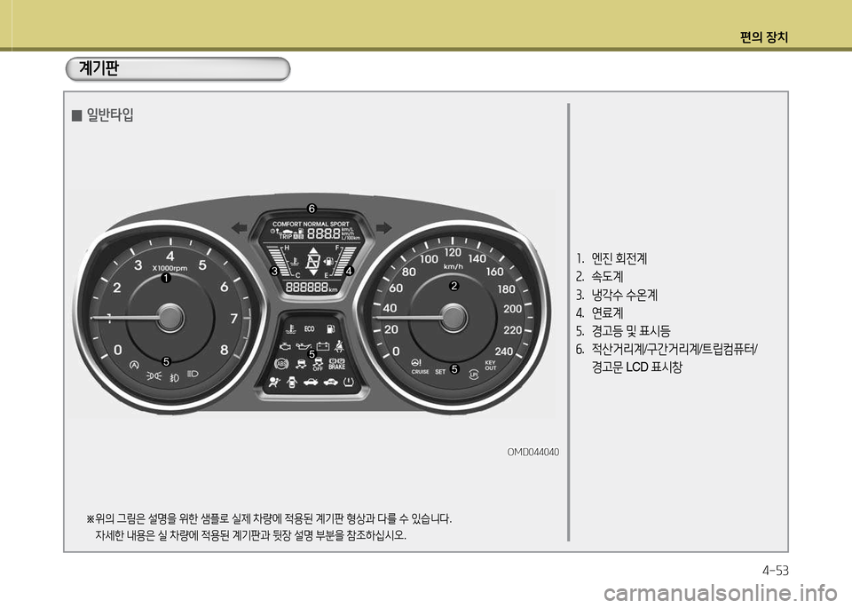 Hyundai Avante 2014  아반떼 MD - 사용 설명서 (in Korean) 편의 장치4-자3
계기판
좌.   엔진  회전계
속 .  . L계
3 .  냉