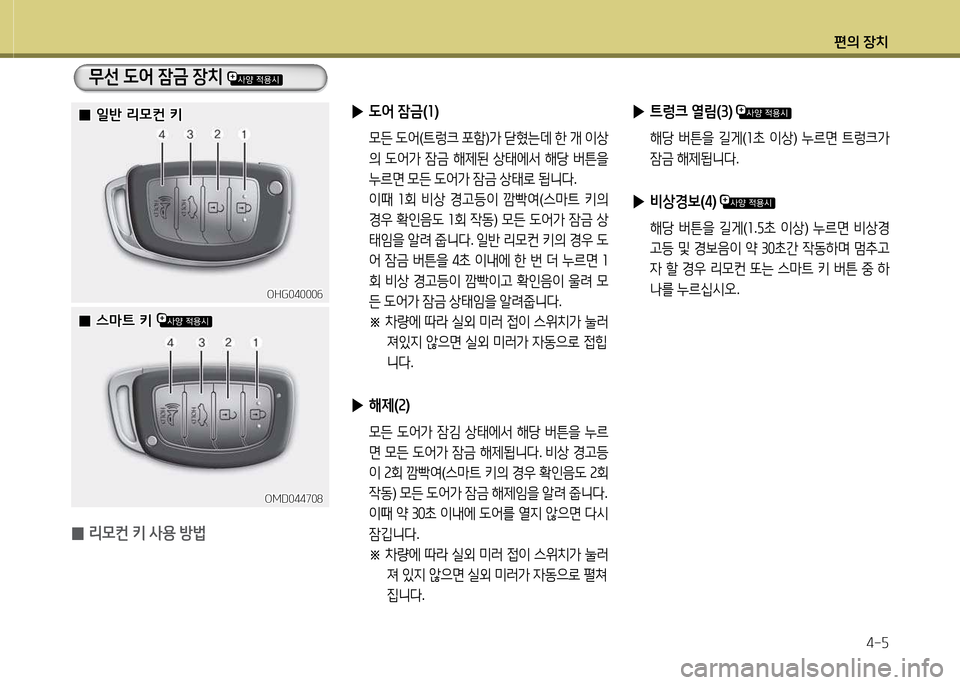 Hyundai Avante 2014  아반떼 MD - 사용 설명서 (in Korean) 편의 장치4-자
 
0 리0컨
 키  사용  방)  
OMD044708OMD044708
OHG04000작
OHG04000작
무선   L2<  4(