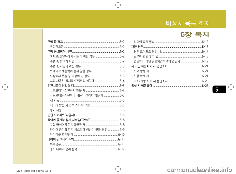 Hyundai Avante 2013  아반떼 MD - 사용 설명서 (in Korean) 6
비상시 응급 조치
6장 목차
주행 중 경고 .....................................................................................6-2
비상경고등  ......................................