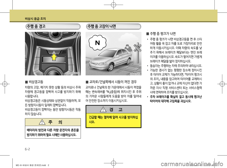 Hyundai Avante 2013  아반떼 MD - 사용 설명서 (in Korean) 비상시 응급 조치
6-2
비상시 응급 조치
  주행 중 경고  주행 중 고장이 나면
 
̰ 비상경고등
차량의
 고장 , 예기치  못한  상황  등의  비상시  주위  
차
