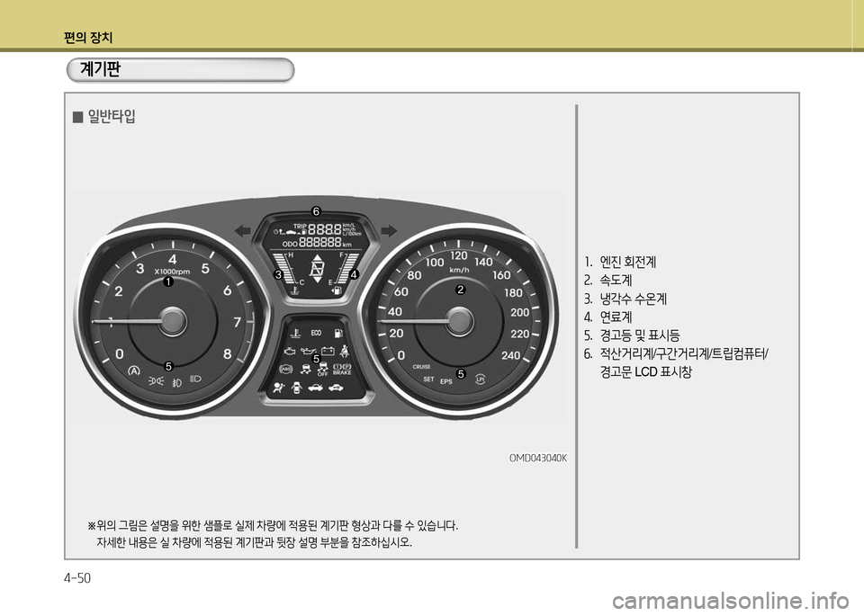 Hyundai Avante 2013  아반떼 MD - 사용 설명서 (in Korean) 편의 장치 4-자0
계기판
좌.   엔진  회전계
속 .  . L계
3 .  냉