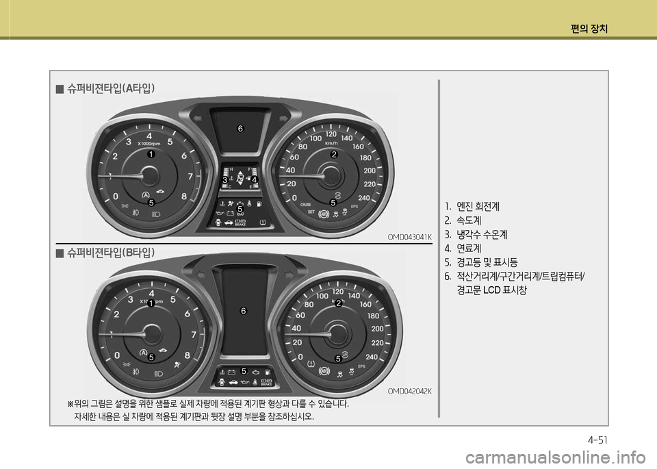 Hyundai Avante 2013  아반떼 MD - 사용 설명서 (in Korean) 편의 장치4-자소
좌.   엔진  회전계
속 .  . L계
3 .  냉