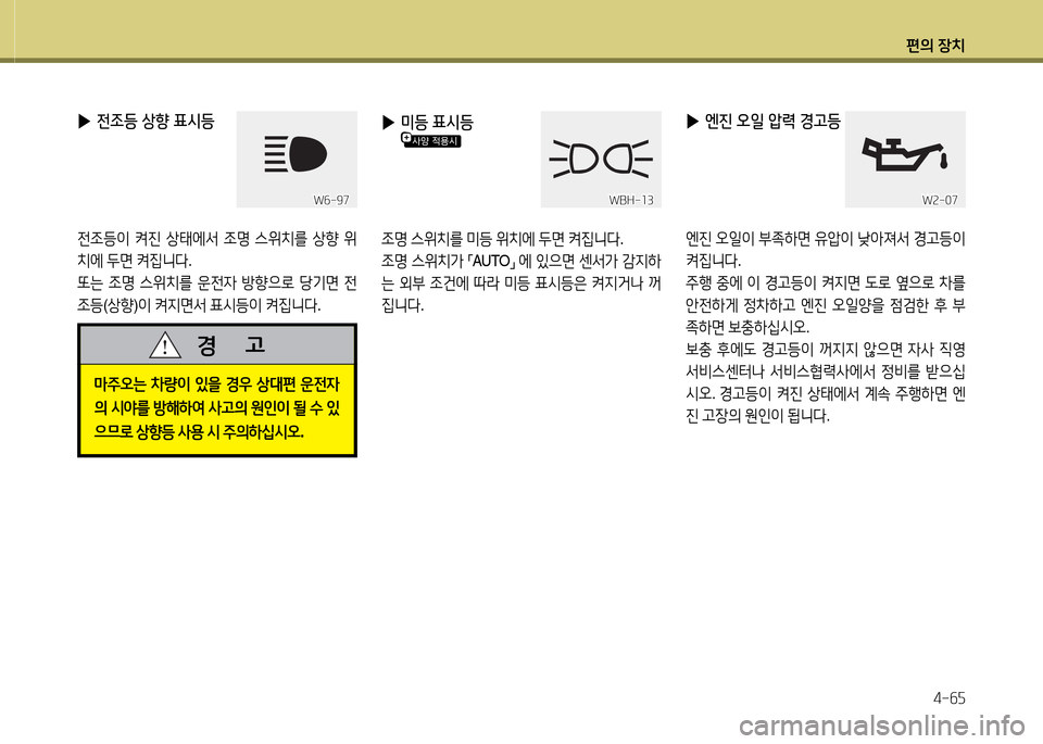 Hyundai Avante 2013  아반떼 MD - 사용 설명서 (in Korean) 편의 장치4-작자
 
▶ 전조등 상향 표/d등
전4