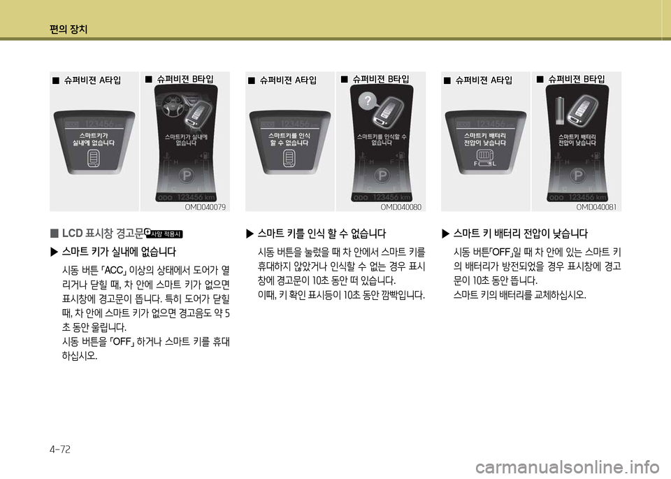 Hyundai Avante 2013  아반떼 MD - 사용 설명서 (in Korean) 편의 장치 4-7속
 
0 LCD
 표/d창 E고문
 
▶  
스마트 키