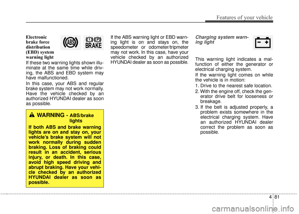 Hyundai Azera 2017 Owners Manual 481
Features of your vehicle
Electronic
brake force
distribution
(EBD) system
warning light
If these two warning lights shown illu-
minate at the same time while driv-
ing, the ABS and EBD system may
Hyundai Azera 2017 Owners Manual 481
Features of your vehicle
Electronic
brake force
distribution
(EBD) system
warning light
If these two warning lights shown illu-
minate at the same time while driv-
ing, the ABS and EBD system may