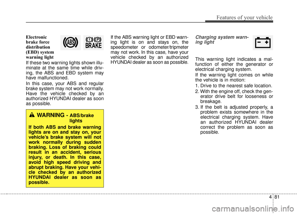 Hyundai Azera 2017  Owners Manual 481
Features of your vehicle
Electronic
brake force
distribution
(EBD) system
warning light
If these two warning lights shown illu-
minate at the same time while driv-
ing, the ABS and EBD system may
