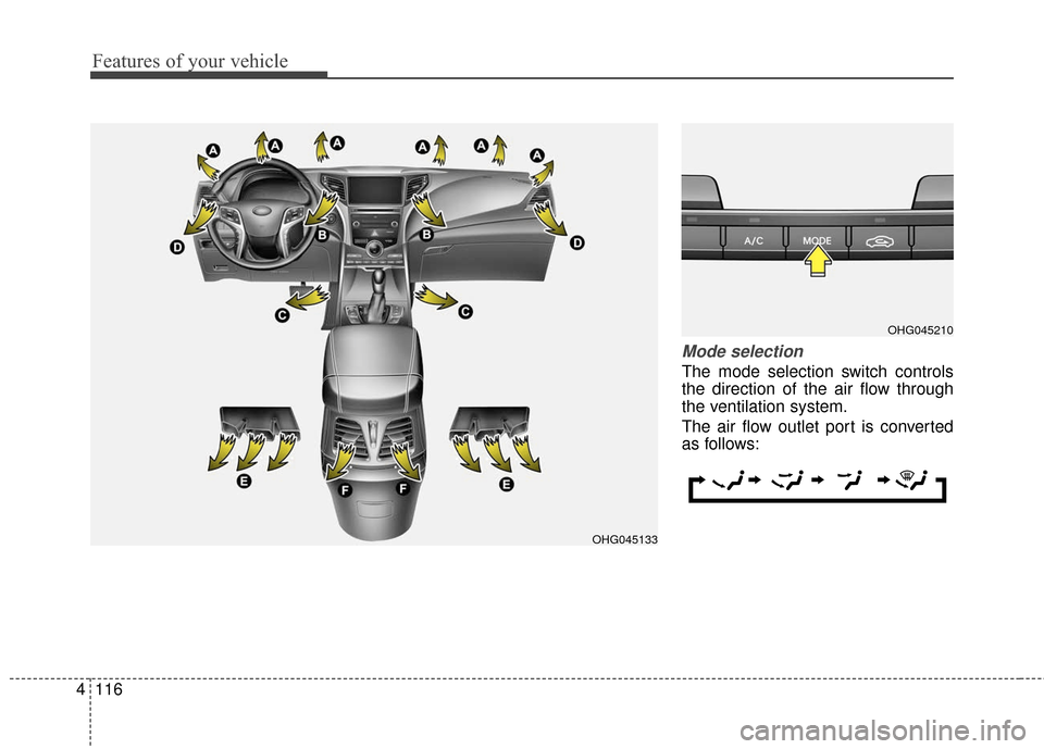 Hyundai Azera 2017 Owners Manual Features of your vehicle
116
4
Mode selection
The mode selection switch controls
the direction of the air flow through
the ventilation system.
The air flow outlet port is converted
as follows:
OHG0452 Hyundai Azera 2017 Owners Manual Features of your vehicle
116
4
Mode selection
The mode selection switch controls
the direction of the air flow through
the ventilation system.
The air flow outlet port is converted
as follows:
OHG0452