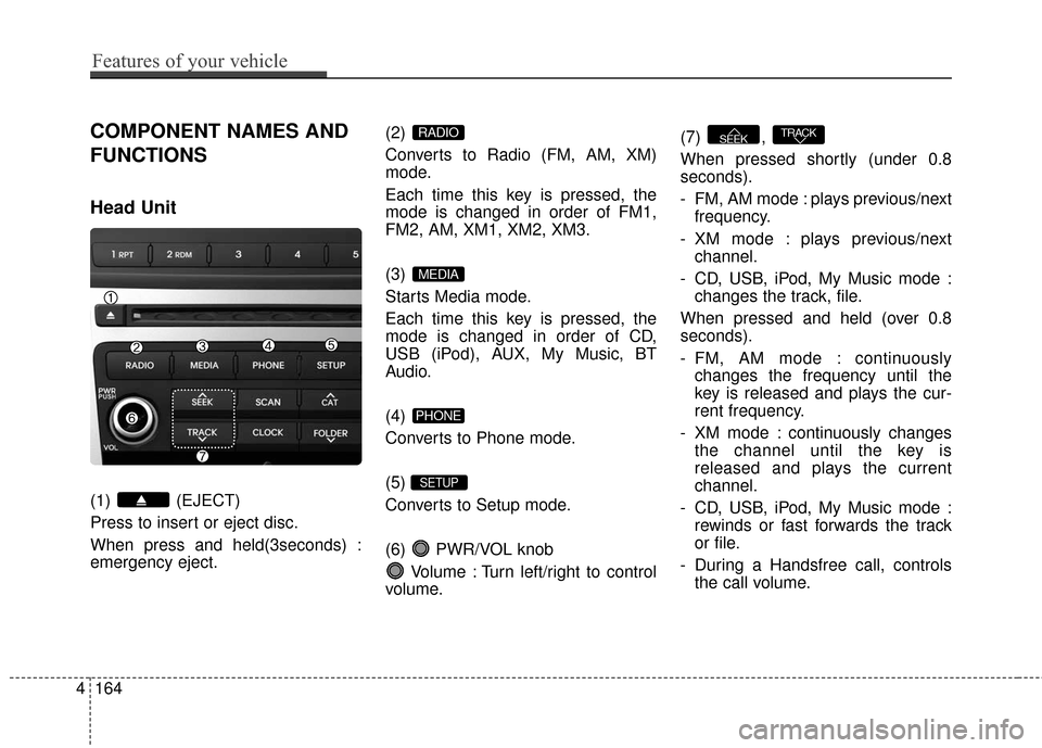 Hyundai Azera 2017  Owners Manual 4164
Features of your vehicle
COMPONENT NAMES AND
FUNCTIONS
Head Unit 
(1) (EJECT)
Press to insert or eject disc.
When press and held(3seconds) :
emergency eject.(2) 
Converts to Radio (FM, AM, XM)
mo