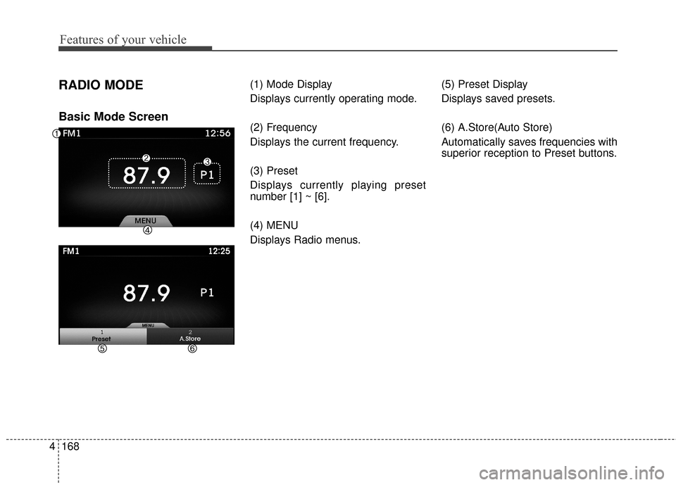 Hyundai Azera 2017  Owners Manual Features of your vehicle
168
4
RADIO MODE
Basic Mode Screen
(1) Mode Display
Displays currently operating mode.
(2) Frequency
Displays the current frequency.
(3) Preset
Displays currently playing pres