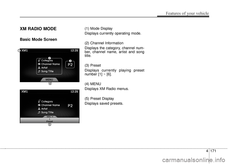 Hyundai Azera 2017  Owners Manual 4171
Features of your vehicle
XM RADIO MODE
Basic Mode Screen
(1) Mode Display
Displays currently operating mode.
(2) Channel Information
Displays the category, channel num-
ber, channel name, artist 