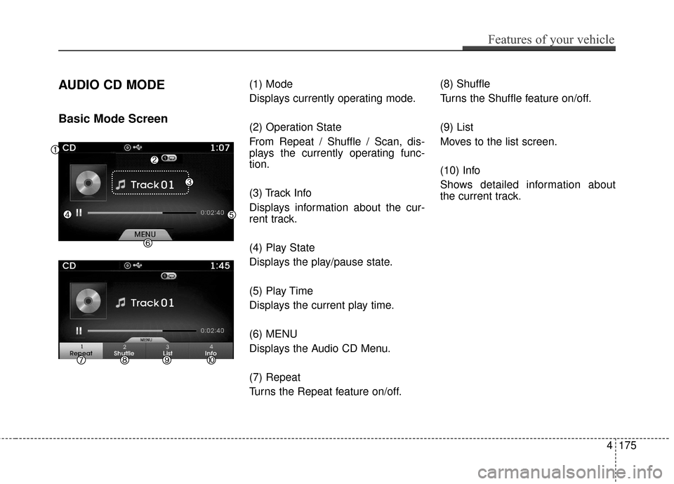 Hyundai Azera 2017  Owners Manual AUDIO CD MODE
Basic Mode Screen
(1) Mode
Displays currently operating mode.
(2) Operation State
From Repeat / Shuffle / Scan, dis-
plays the currently operating func-
tion.
(3) Track Info
Displays inf