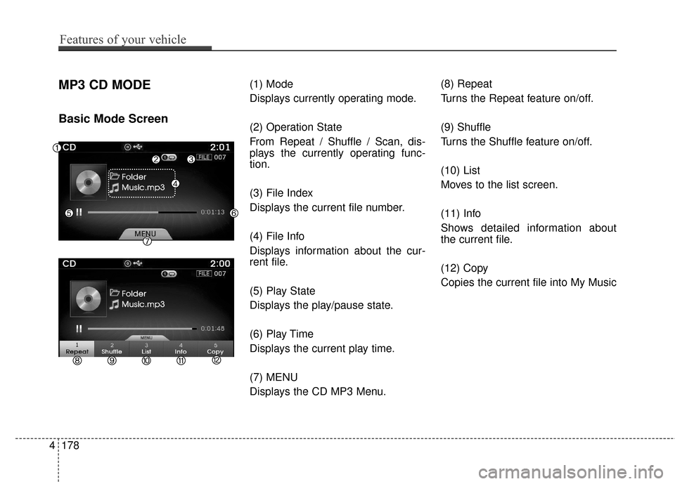 Hyundai Azera 2017  Owners Manual MP3 CD MODE
Basic Mode Screen
(1) Mode
Displays currently operating mode.
(2) Operation State
From Repeat / Shuffle / Scan, dis-
plays the currently operating func-
tion.
(3) File Index
Displays the c