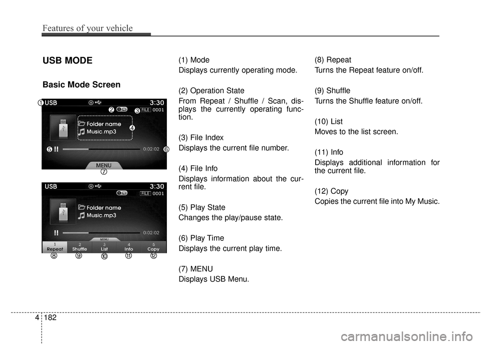Hyundai Azera 2017 Owners Manual USB MODE
Basic Mode Screen
(1) Mode
Displays currently operating mode.
(2) Operation State
From Repeat / Shuffle / Scan, dis-
plays the currently operating func-
tion.
(3) File Index
Displays the cur Hyundai Azera 2017 Owners Manual USB MODE
Basic Mode Screen
(1) Mode
Displays currently operating mode.
(2) Operation State
From Repeat / Shuffle / Scan, dis-
plays the currently operating func-
tion.
(3) File Index
Displays the cur