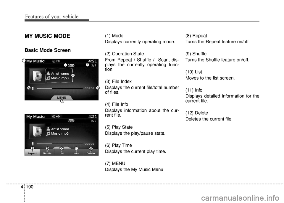 Hyundai Azera 2017 Owners Manual MY MUSIC MODE
Basic Mode Screen
(1) Mode
Displays currently operating mode.
(2) Operation State
From Repeat / Shuffle / Scan, dis-
plays the currently operating func-
tion.
(3) File Index
Displays th Hyundai Azera 2017 Owners Manual MY MUSIC MODE
Basic Mode Screen
(1) Mode
Displays currently operating mode.
(2) Operation State
From Repeat / Shuffle / Scan, dis-
plays the currently operating func-
tion.
(3) File Index
Displays th