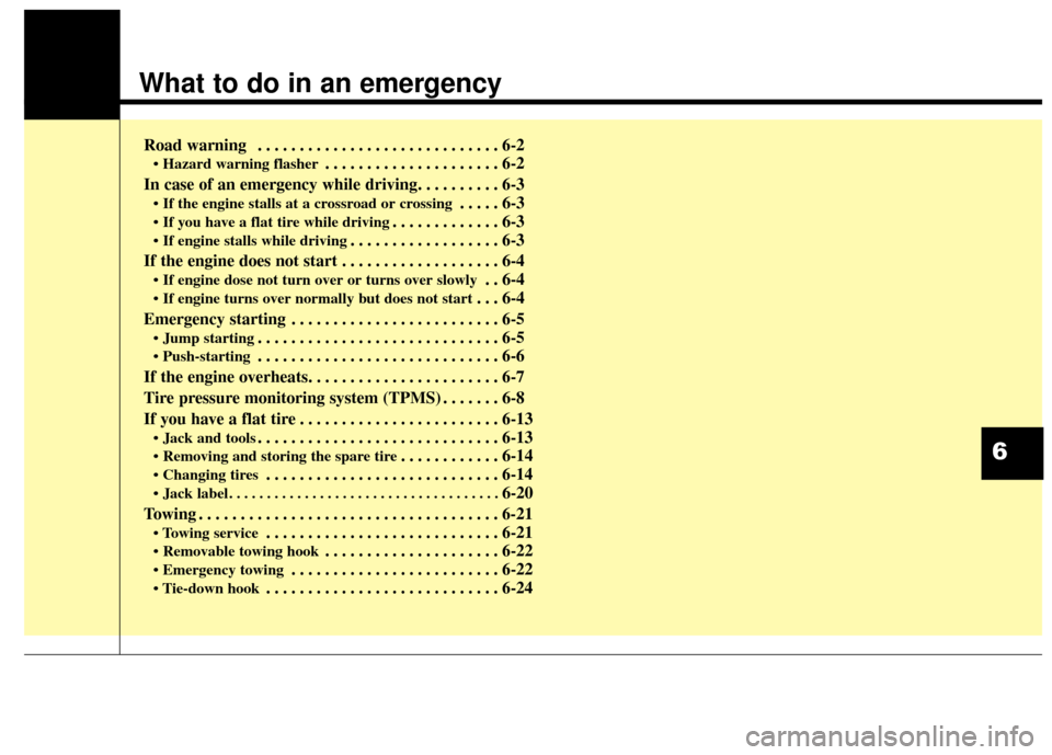 Hyundai Azera 2017  Owners Manual What to do in an emergency
Road warning  . . . . . . . . . . . . . . . . . . . . . . . . . . . . . 6-2
• Hazard warning flasher. . . . . . . . . . . . . . . . . . . . . 6-2
In case of an emergency w