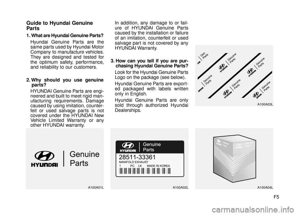 Hyundai Azera 2017 Owners Manual F5
Guide to Hyundai Genuine
Parts
1. What are Hyundai Genuine Parts?Hyundai Genuine Parts are the
same parts used by Hyundai Motor
Company to manufacture vehicles.
They are designed and tested for
the Hyundai Azera 2017 Owners Manual F5
Guide to Hyundai Genuine
Parts
1. What are Hyundai Genuine Parts?Hyundai Genuine Parts are the
same parts used by Hyundai Motor
Company to manufacture vehicles.
They are designed and tested for
the