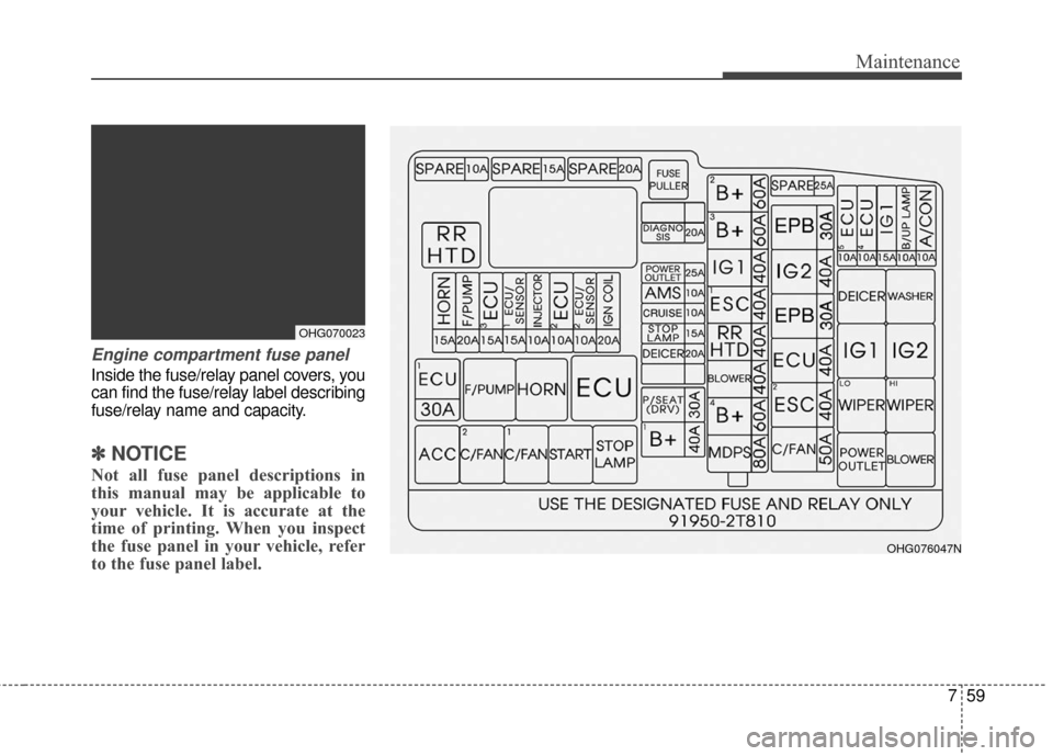 Hyundai Azera 2017 Owners Manual 759
Maintenance
Engine compartment fuse panel
Inside the fuse/relay panel covers, you
can find the fuse/relay label describing
fuse/relay name and capacity.
✽ ✽NOTICE
Not all fuse panel descriptio Hyundai Azera 2017 Owners Manual 759
Maintenance
Engine compartment fuse panel
Inside the fuse/relay panel covers, you
can find the fuse/relay label describing
fuse/relay name and capacity.
✽ ✽NOTICE
Not all fuse panel descriptio