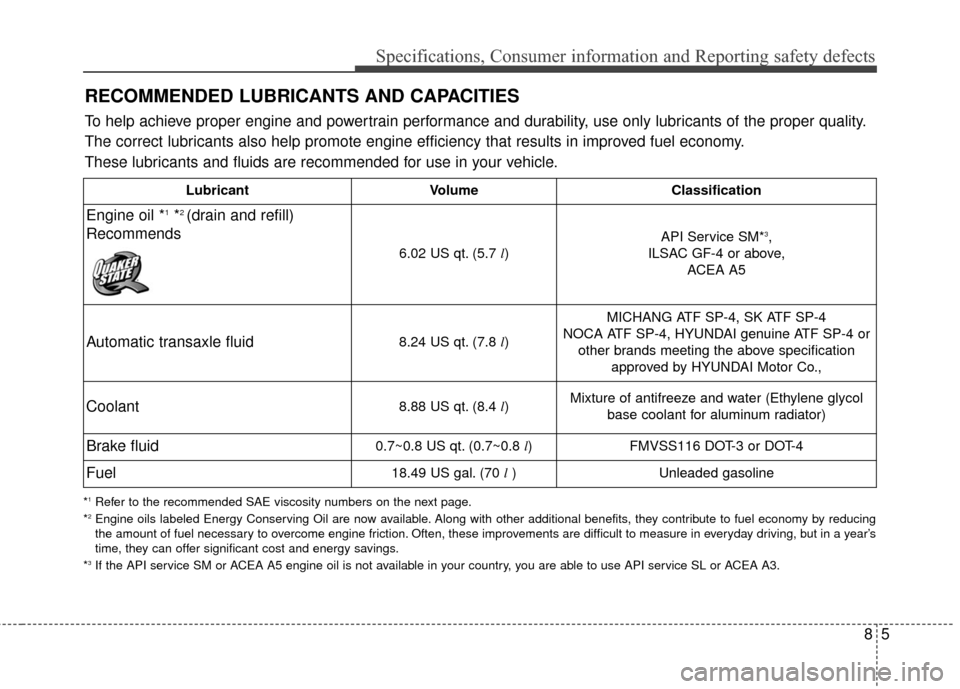 Hyundai Azera 2017 Owners Manual 85
Specifications, Consumer information and Reporting safety defects
RECOMMENDED LUBRICANTS AND CAPACITIES
*1Refer to the recommended SAE viscosity numbers on the next page.
*2Engine oils labeled Ene Hyundai Azera 2017 Owners Manual 85
Specifications, Consumer information and Reporting safety defects
RECOMMENDED LUBRICANTS AND CAPACITIES
*1Refer to the recommended SAE viscosity numbers on the next page.
*2Engine oils labeled Ene