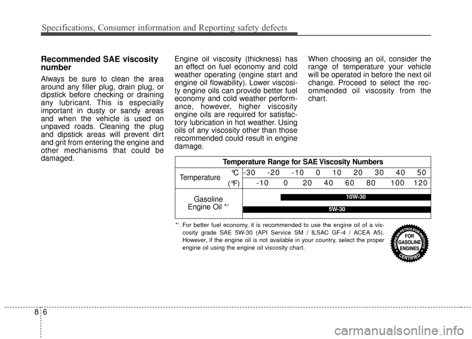 Hyundai Azera 2017 Owners Manual Specifications, Consumer information and Reporting safety defects
68
Recommended SAE viscosity
number
Always be sure to clean the area
around any filler plug, drain plug, or
dipstick before checking o Hyundai Azera 2017 Owners Manual Specifications, Consumer information and Reporting safety defects
68
Recommended SAE viscosity
number
Always be sure to clean the area
around any filler plug, drain plug, or
dipstick before checking o