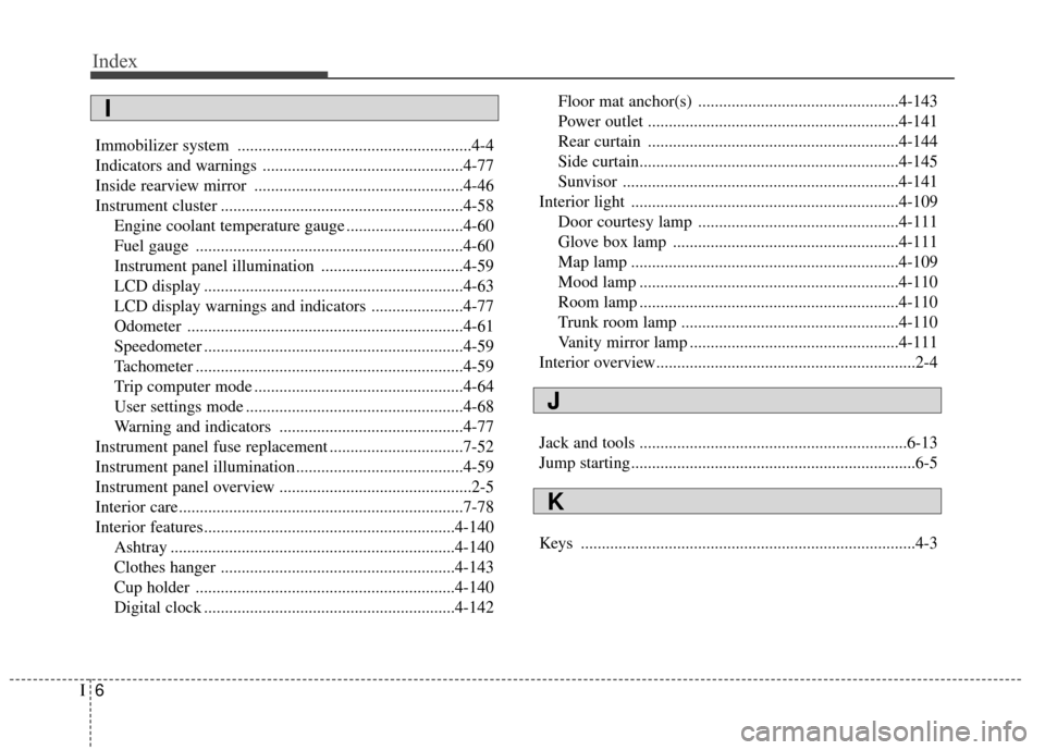 Hyundai Azera 2017  Owners Manual Index
6I
Immobilizer system ........................................................4-4
Indicators and warnings ................................................4-77
Inside rearview mirror ............