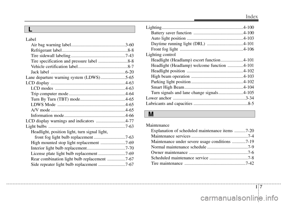 Hyundai Azera 2017  Owners Manual I7
Index
LabelAir bag warning label................................................3-60
Refrigerant label ..........................................................8-8
Tire sidewall labeling .........