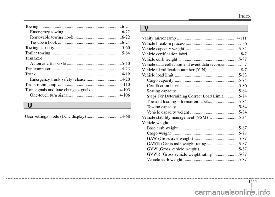 Hyundai Azera 2017  Owners Manual I11
Index
Towing ........................................................................\
..6-21Emergency towing ....................................................6-22
Removable towing hook  ......