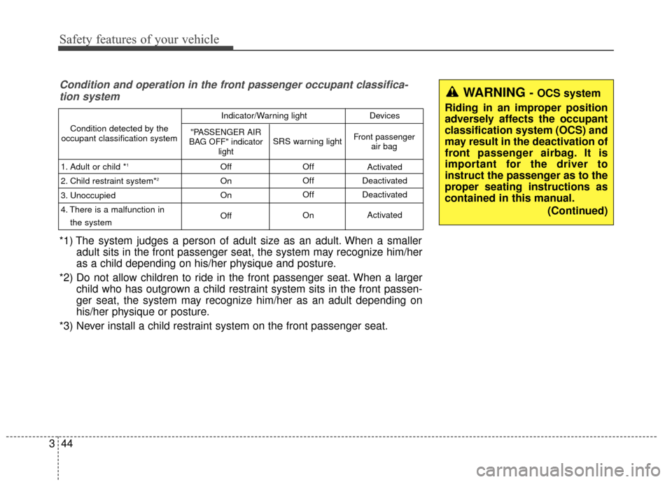 Hyundai Azera 2017 Repair Manual Safety features of your vehicle
44
3
Condition and operation in the front passenger occupant classifica-
tion system
*1) The system judges a person of adult size as an adult. When a smaller adult sits