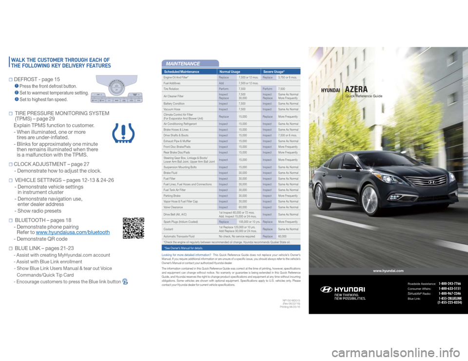 Hyundai Azera 2017  Quick Reference Guide Scheduled Maintenance Normal Usage Severe Usage*Engine Oil And Filter* Replace 7,500 or 12 mos. Replace 3,750  or  6  mos.
Fuel Additives Add 7,500 or 12 mos.
Tire Rotation Perform 7,500 Perform 7,500