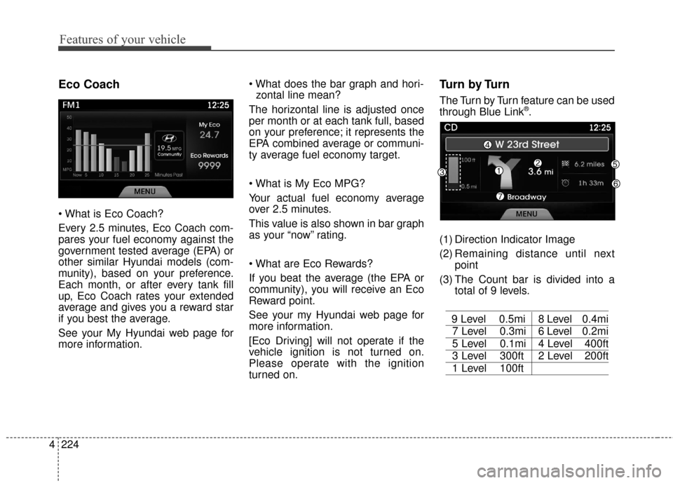 Hyundai Azera 2016  Owners Manual Features of your vehicle
224
4
Eco Coach

Every 2.5 minutes, Eco Coach com-
pares your fuel economy against the
government tested average (EPA) or
other similar Hyundai models (com-
munity), based on 